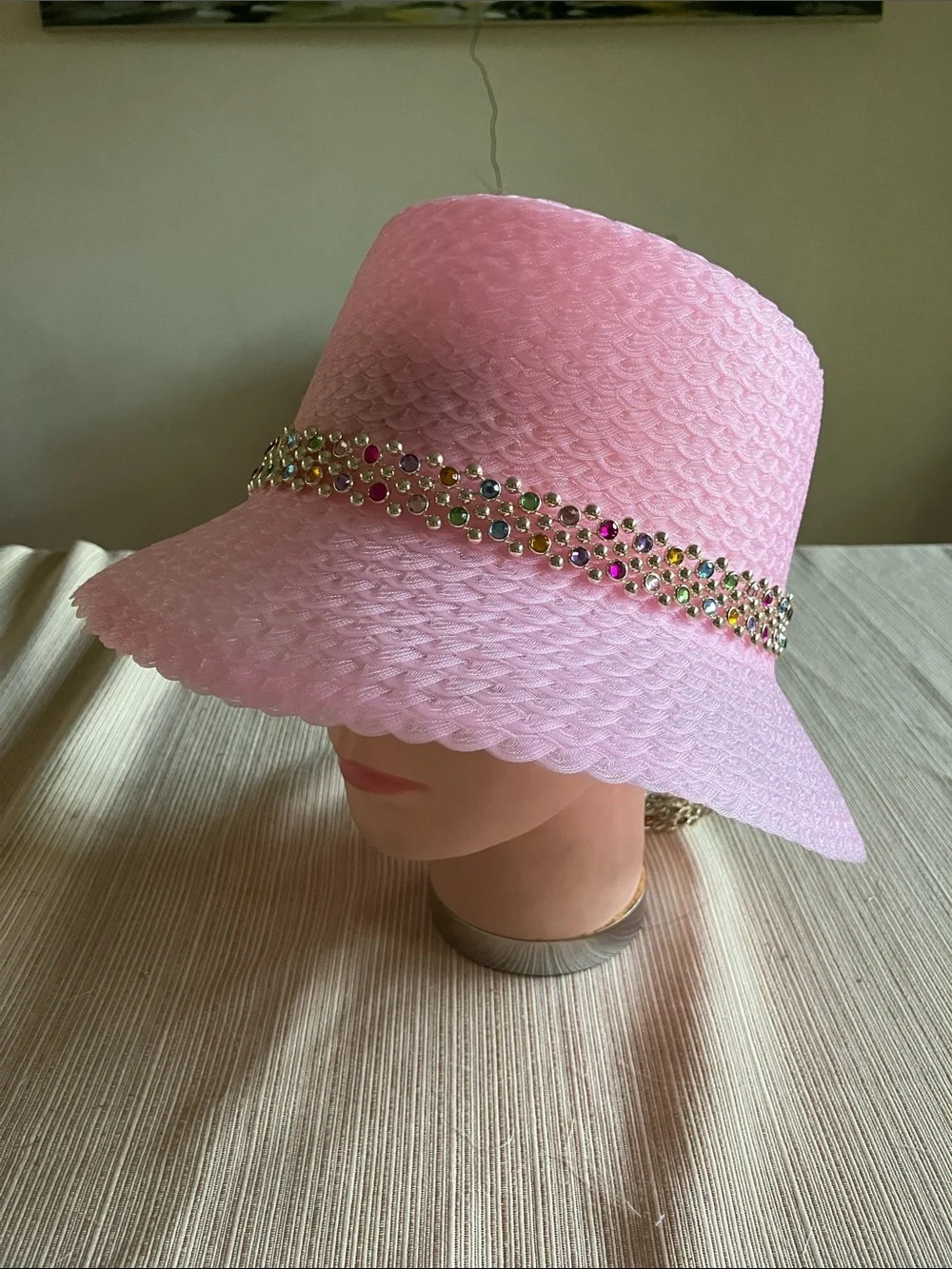 Pink bucket Hat with Gold Beaded Multi Colored Crystal Band